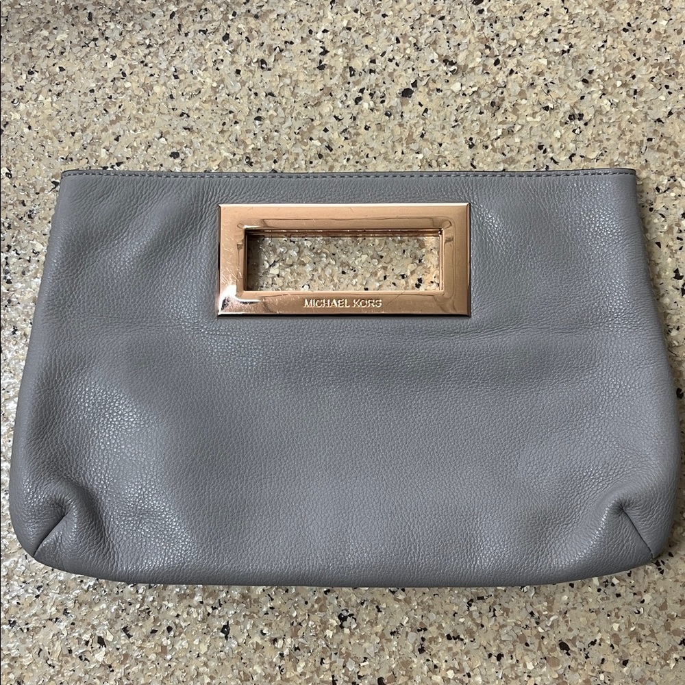 Michael Kors Berkley Pebbled Leather Clutch Bag Grey & Rose Gold Handles